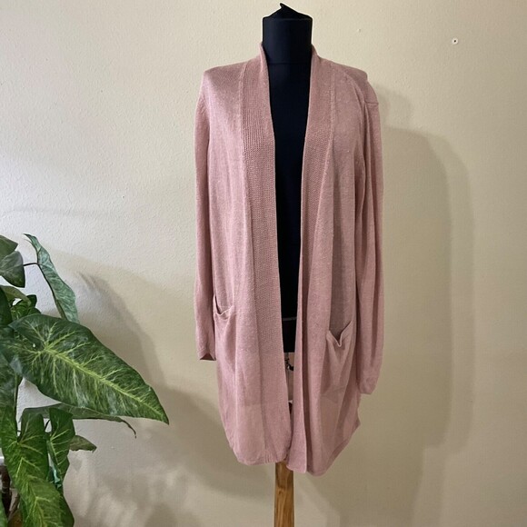 J Jill Cardigan Sweater Womens L Linen blend Long Sleeve Open Front pockets rose - Picture 1 of 13